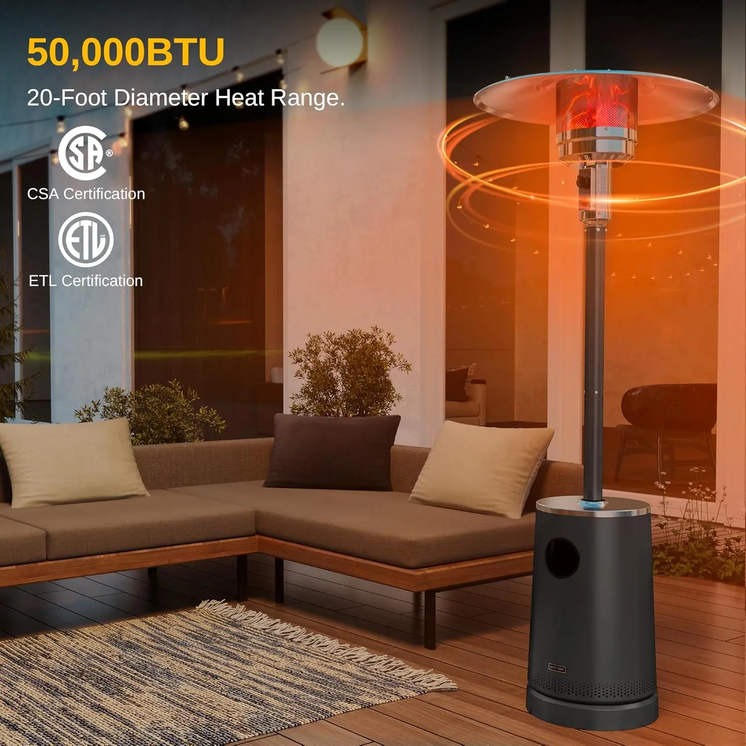 50,000 BTU Patio Heater with Sand Box, Table Design, Double-Layer Stainless Steel Burner, Wheels, Triple Protection Sys