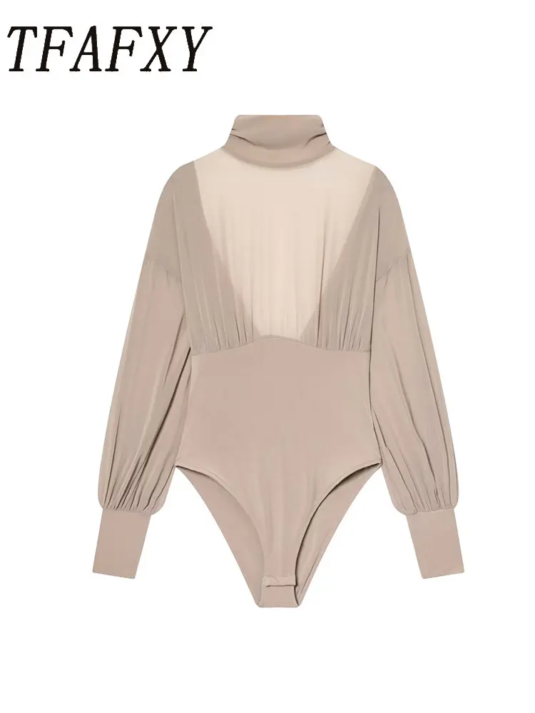 

TFAFXY Women Sexy translucent Bodysuit 2025 Autumn Winter High Neck Long Sleeve Backless Skinny Playsuit Jumpsuit Y2K