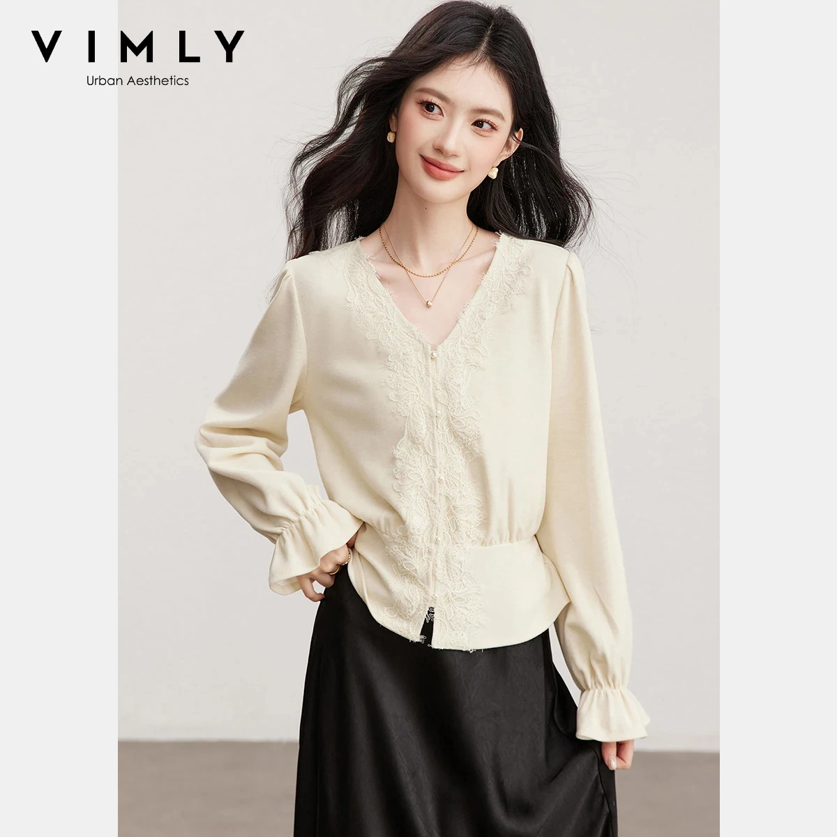 

VIMLY Apricot Women's Shirt 2026 Spring New French Lace Patchwork Ruffle Slim Blouse Elegant Casual Kintted Women's Top A3908