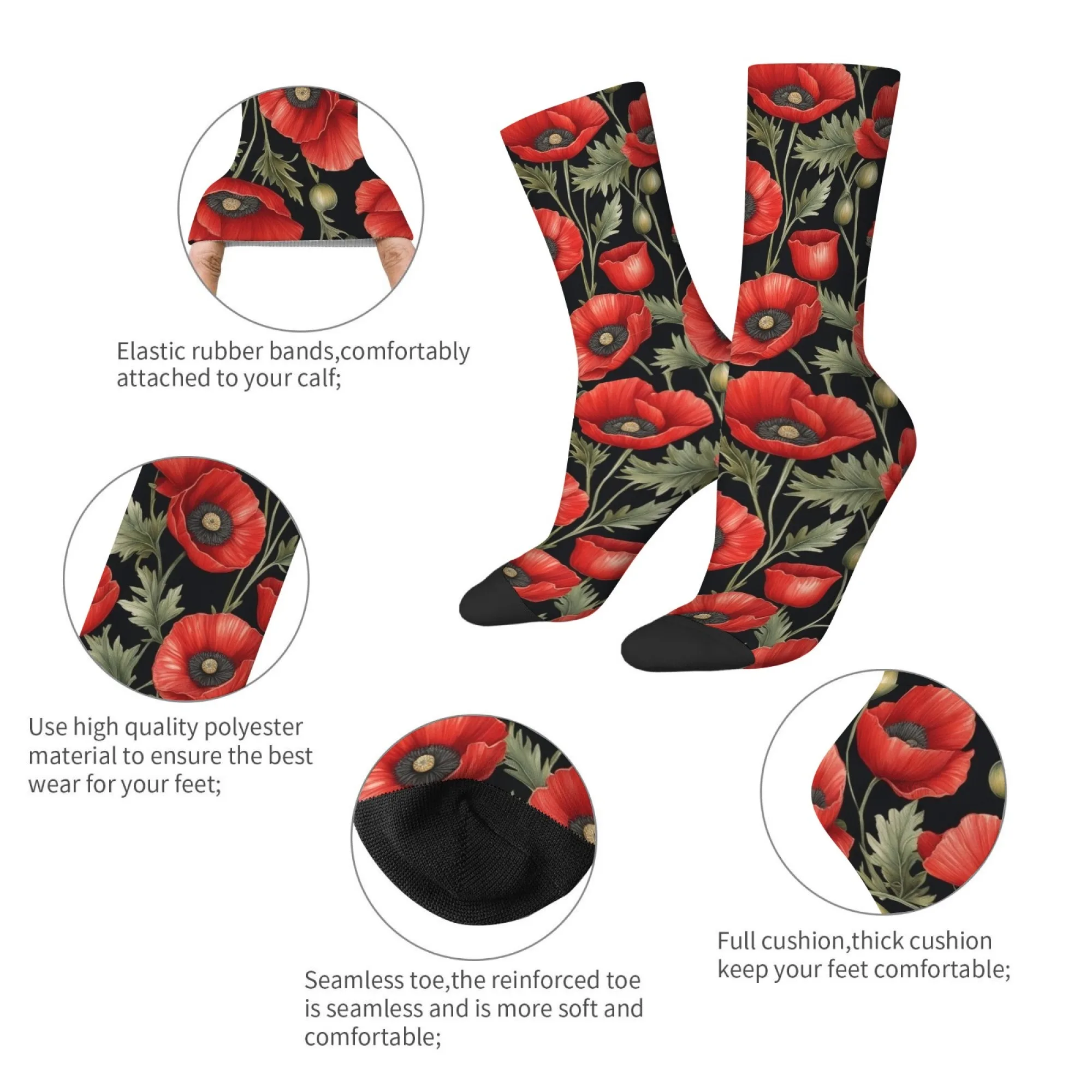 1 Pair Red Poppy Socks on A Black Background Designed for Men Featuring A Vintage Hip Hop Style Perfect Cheerful Gift for Boys