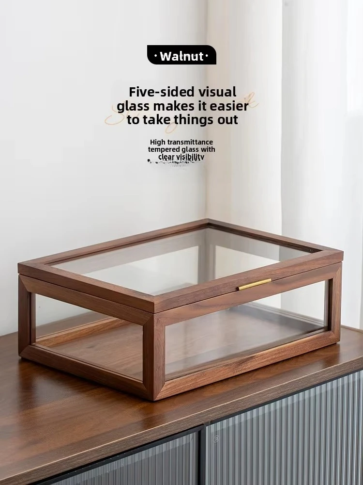 North American Black Walnut Glass Tea Set Storage Box Dustproof Transparent Desktop Cabinet