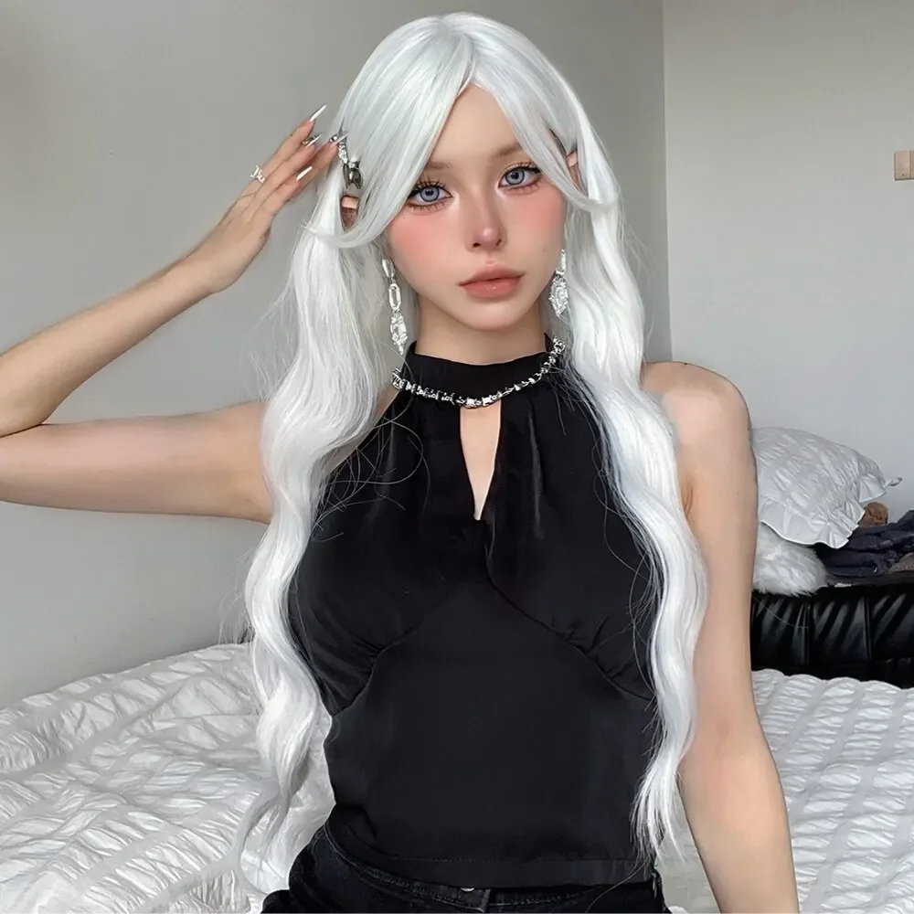 Cosplay Silky Wig for Women White Colorful Long Water Wave Wig with Bangs  Daily Party Natural Soft Synthetic Hair Heat Resistan