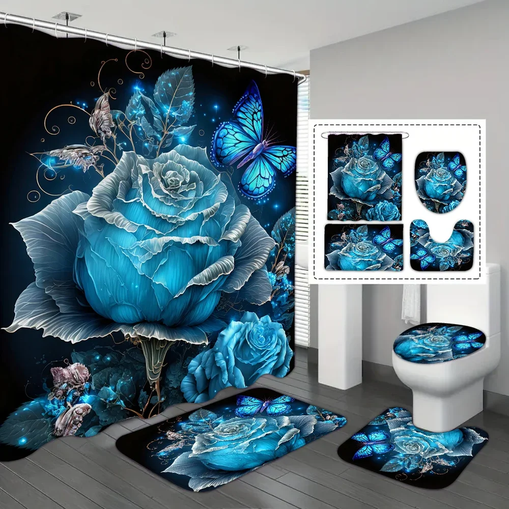 4-piece set of blue fairy flower print 12 hook waterproof shower curtain, bathroom floor mat, U-shaped mat, toilet O cover mat