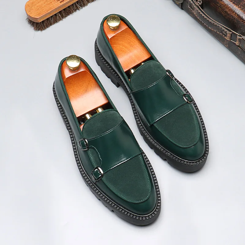 

New Fashion Men's Loafers Thick Sole Big Toe Shoes Trend Green Party Dress Shoes Men's Genuine Leather Casual Shoes