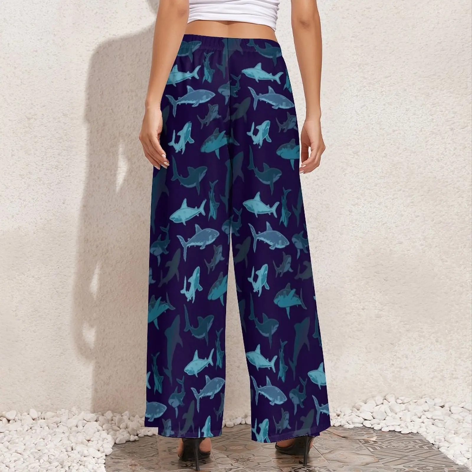 Blue Sharks Pants Elastic Waist Camo Camouflage Classic Trousers Beach Pattern Wide Leg Pants