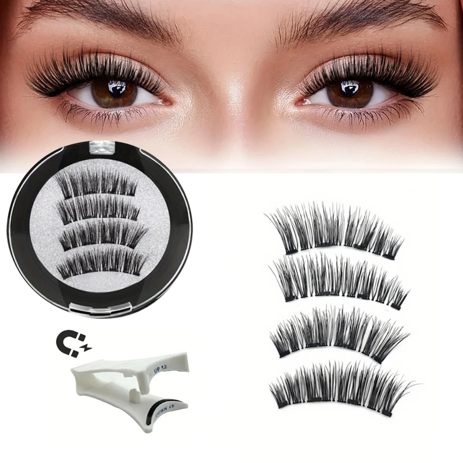 Faux cils magnétiques avec pince à épiler - Réutilisables, sans colle, maquillage professionnel pour les yeux, sans alcool, matière plastique inodore, style œil de chat, faciles à appliquer.