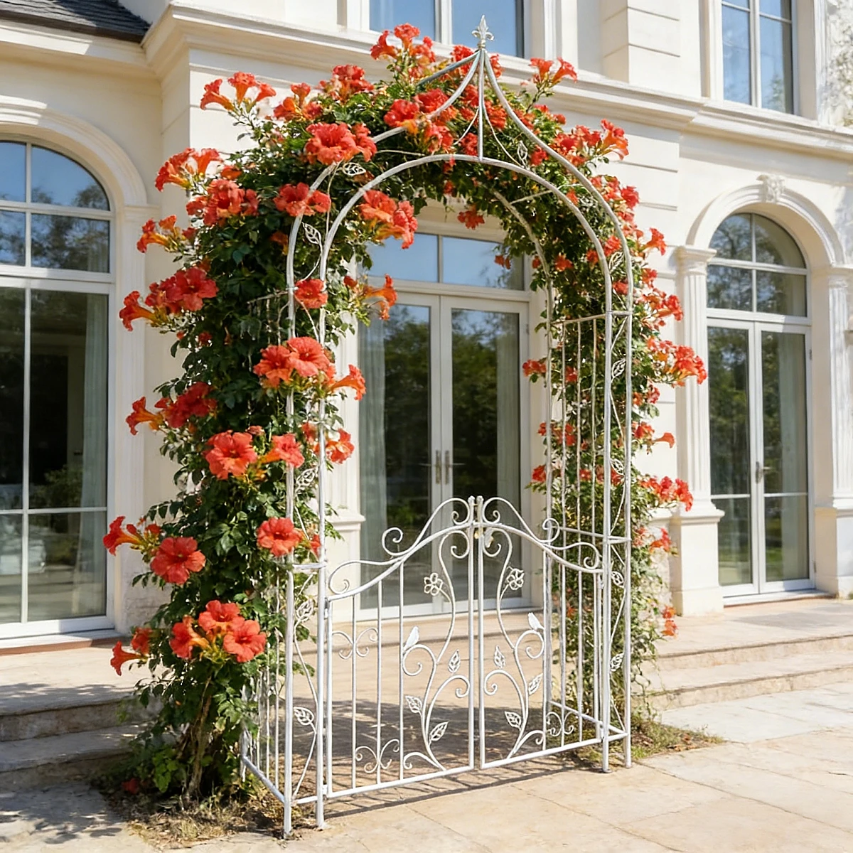 European-Style Vintage Iron Garden Entrance Gate with Arch and Flower Stand for Climbing Roses and Clematis