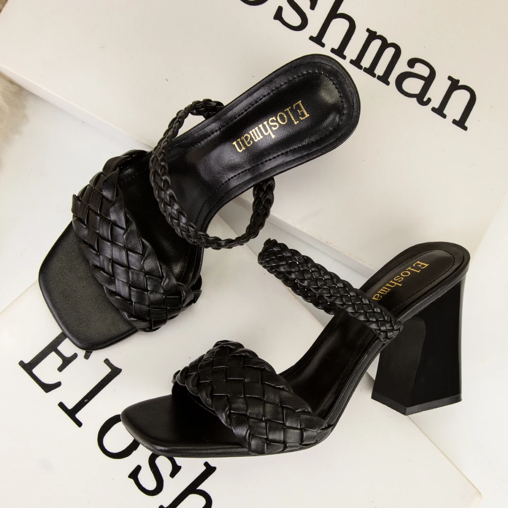 New Square Heels Retro Women Outdoor Slippers PU Leather Open Toe High Heels 8.5cm Slipper Women's Show Weave Party Slippers