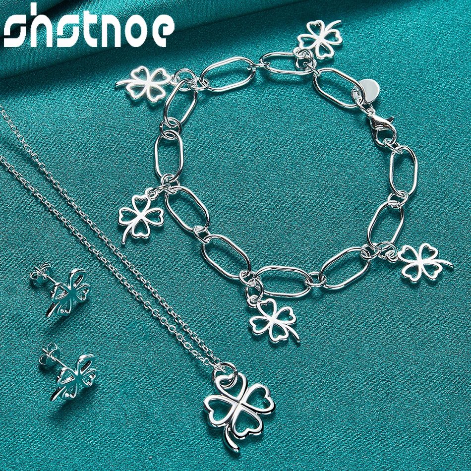 

SHSTONE 925 Sterling Silver 3pcs Lucky Clover Pendant Chain Necklace Bracelet Earring Series Set For Woman Wedding Party Jewelry
