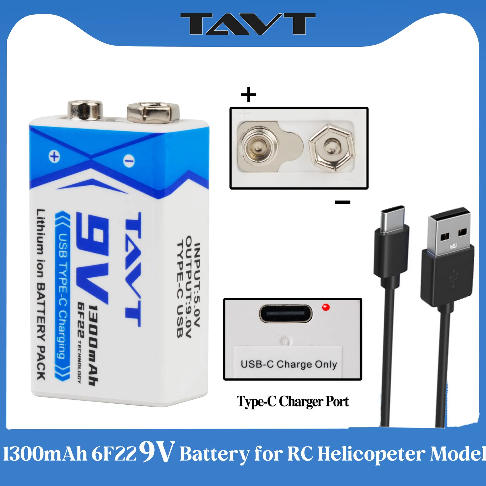 TAVT 9V Rechargeable Battery 1300mAh 6F22 USB-Type C Port 9v Li-ion Batteries for RC Helicopeter Model Multimeter Microphone Toy