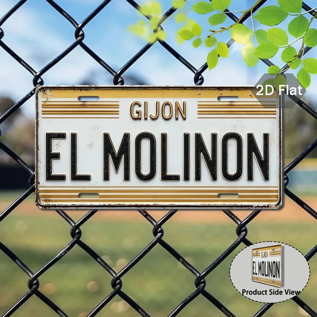 Placa de Matrícula Retro Plana 2D - Logotipo del Fútbol Español Gijón El Molinón, Decoración Retro para Coche, Apta para el Hogar, Regalos para Aficionados al Fútbol