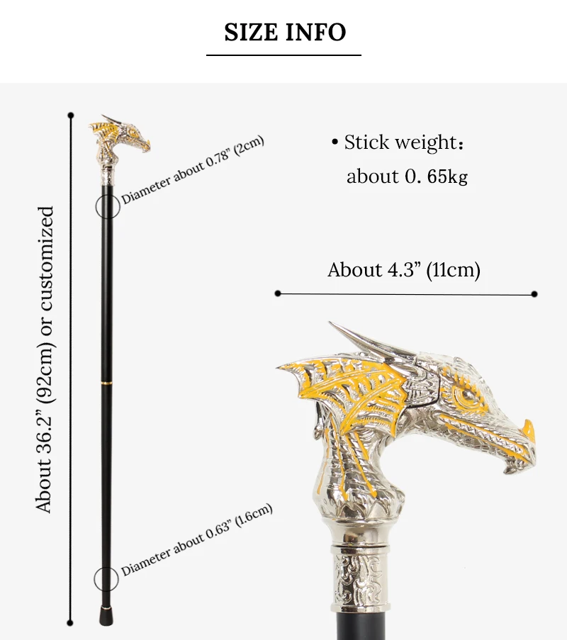 92cm Luxury Bright Silver Dragon Head Walking Stick with Yellow Men and Women Vintage Fashionable Decorative Cane Party Cosplay