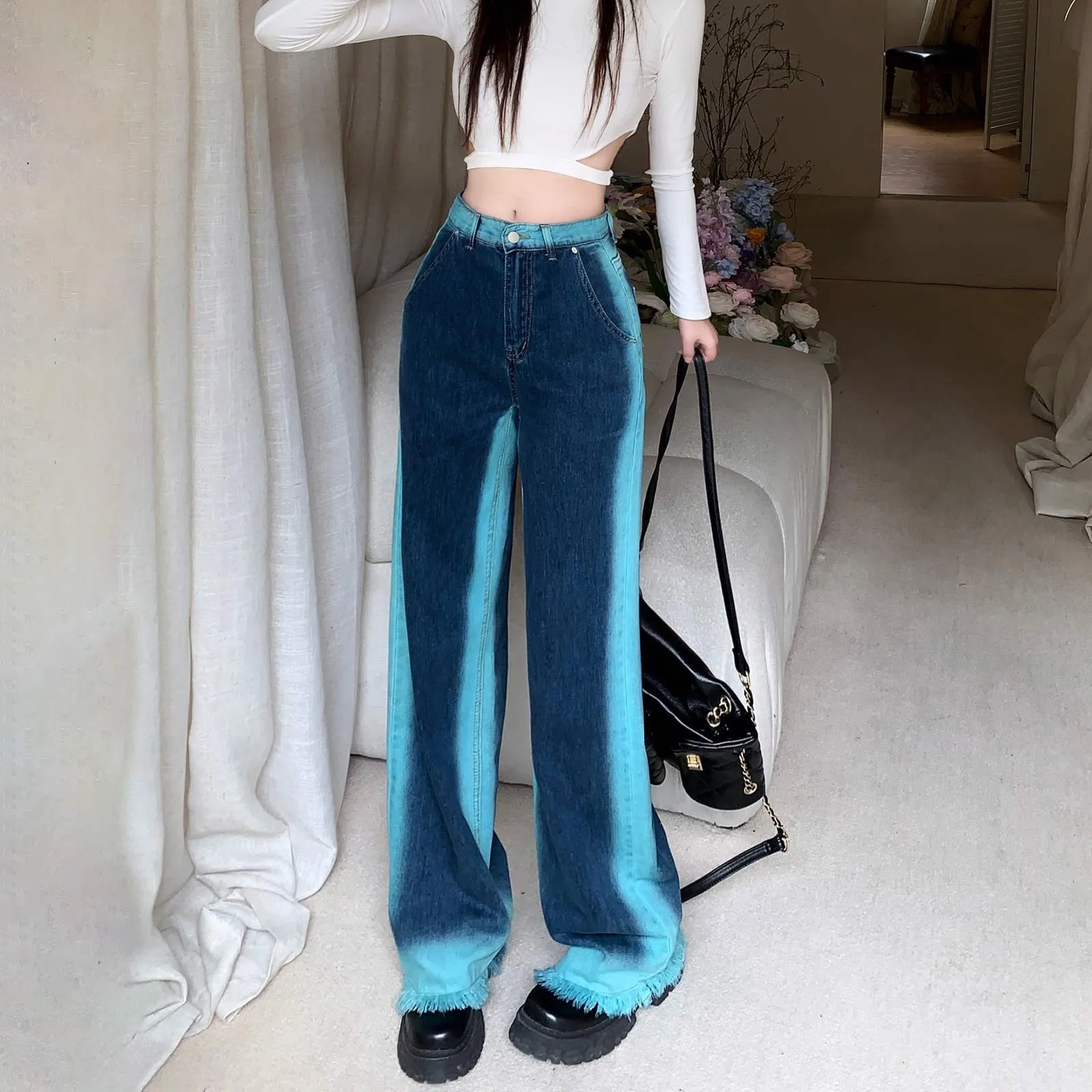 Women's Personarlized Hip Hop Blue Contrast Edge Loose Wide Leg Jeans Fashionable Color Blocking Streetwear Straight Trousers