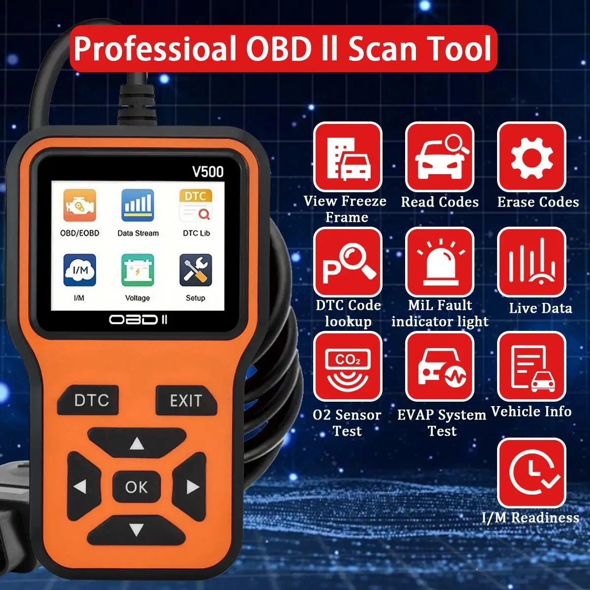 Lector de código de herramienta de diagnóstico de escáner OBD2 de coche, escáner de código de falla de motor de probador de voltaje de coche, herramienta de diagnóstico de probador de carga V500