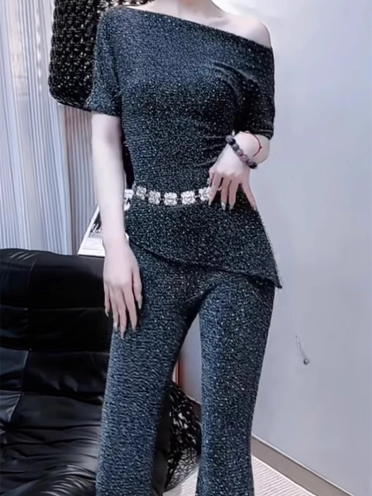 

2025 summer women new slimming irregular design top+casual bell-bottoms temperament high-end light luxury two piece set