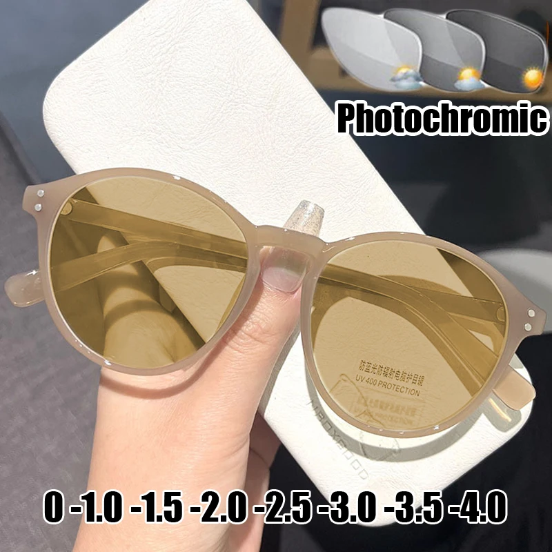 

Round Ladies Photochromic Myopia Diopter Glasses New Trendy Anti Blue Light Sunglasses Color Changing Minus Eyeglasses 0 To -4.0