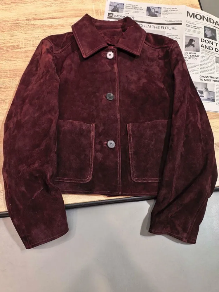 Mode Lose Revers Lange Ärmel Schaffell Kurze Jacke Freizeit Einfarbig Tasche Einreiher Echtes Leder Weiblichen Mantel