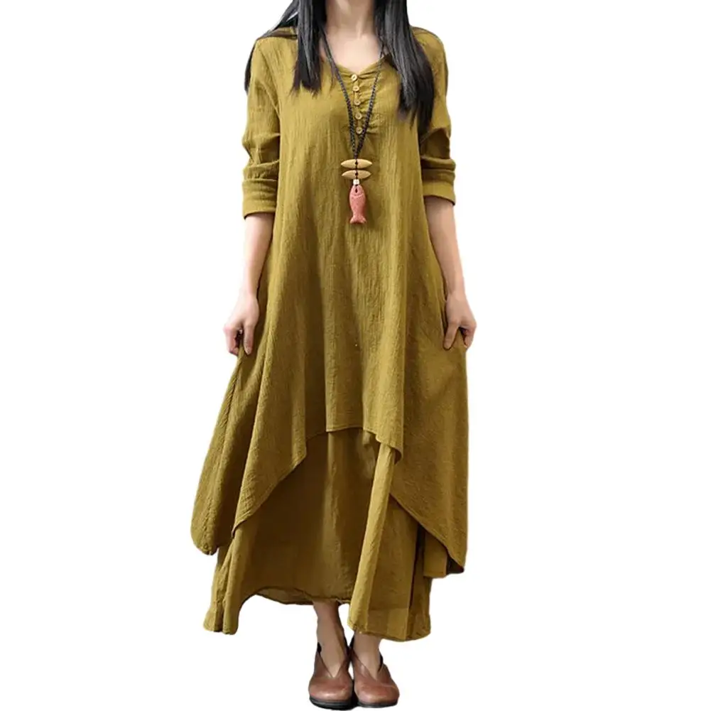 1pc Retro Women's Cotton Linen Maxi Dresses Long Sleeve Irregular Layering Robe Female Casual Loose Long Dress