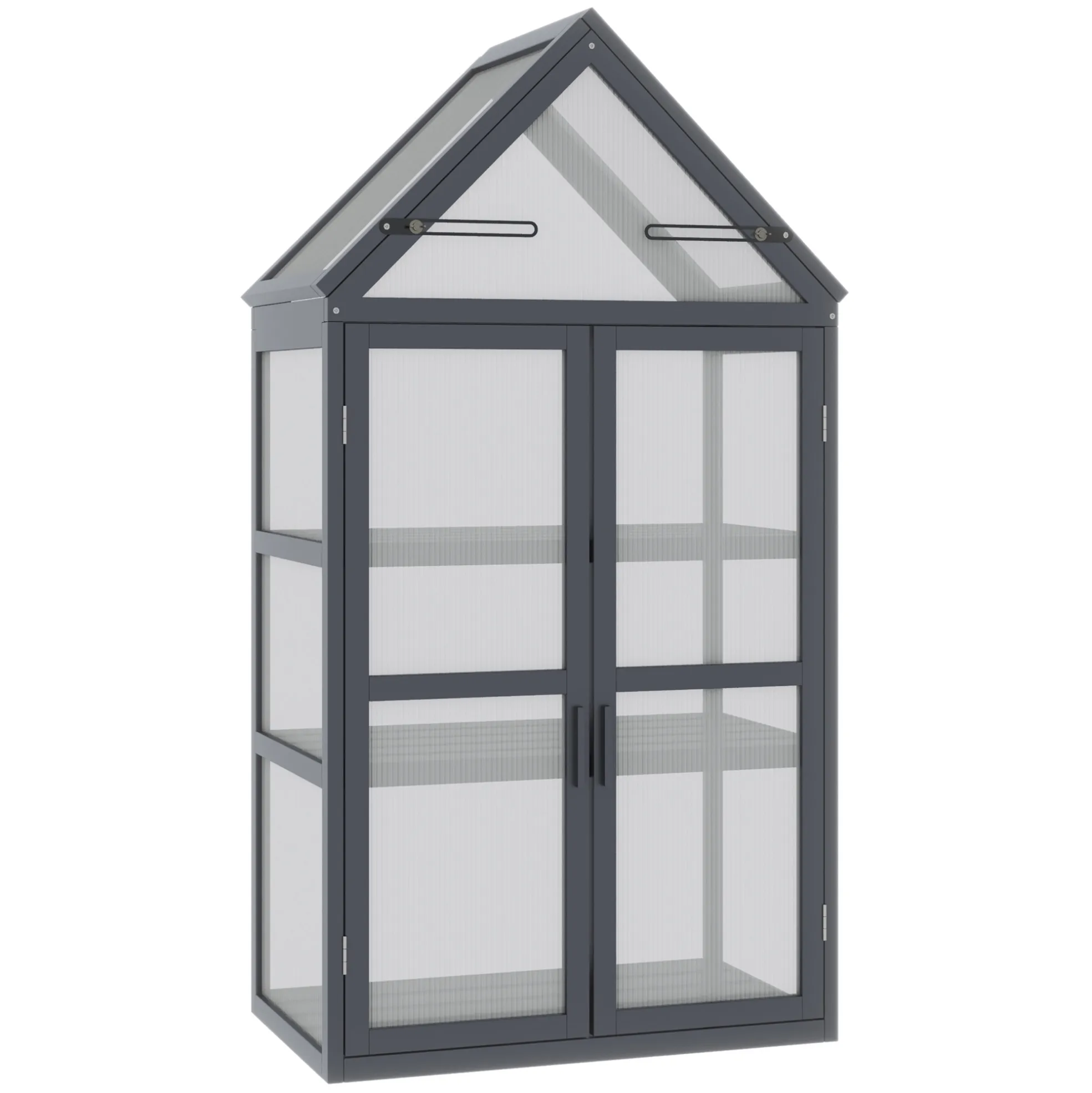 Mini-kas met 3 planken en houten frame, polycarbonaat panelen, 70,5x42x132 cm