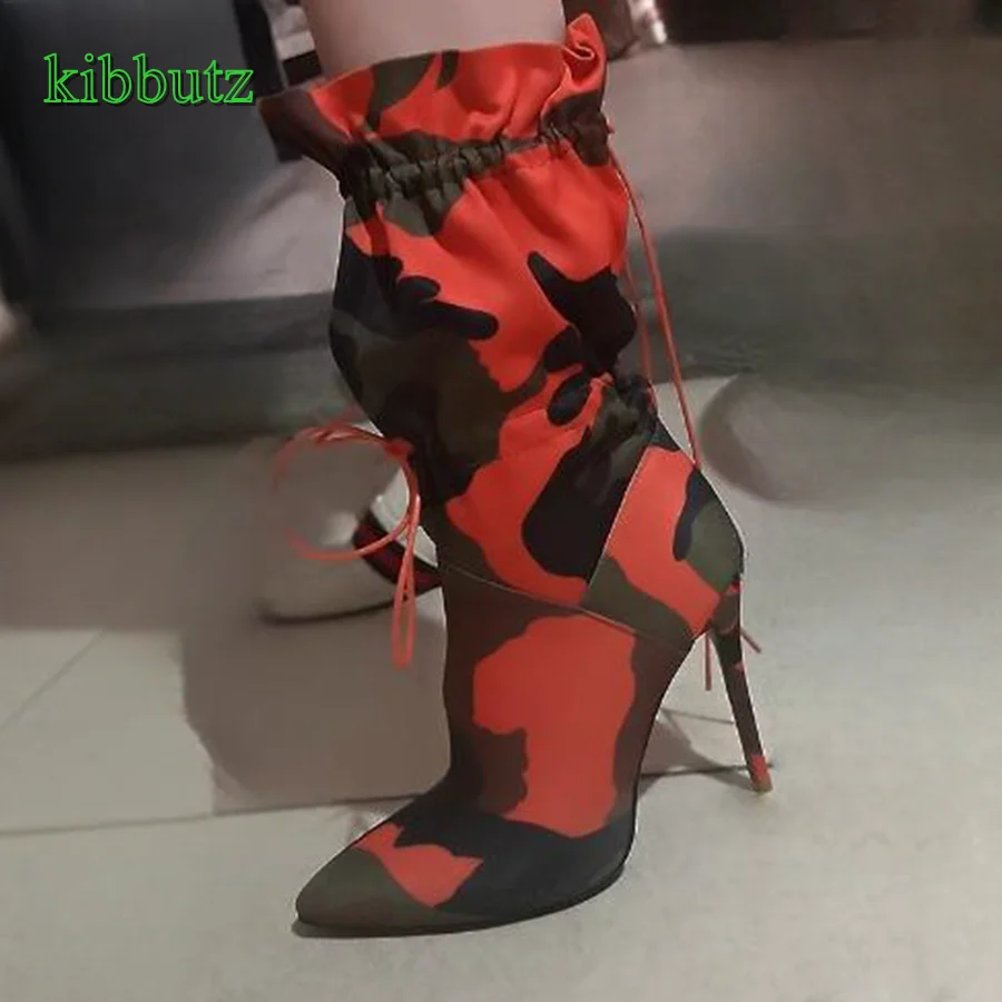 

Camouflage Drawstring Mid Calf Boots,Pointed Toe Stiletto Women Shoes Short Boots Retro Autumn Boots2023 New Zapatos Para Mujere