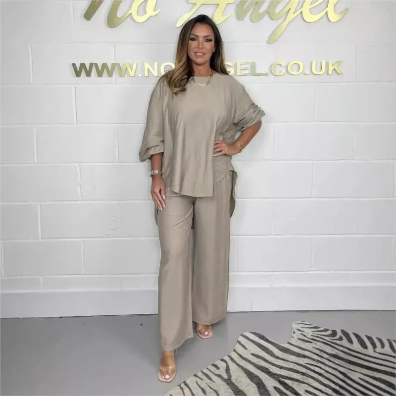 Women Elegant Two Piece Set Spring Summer Loose Long Sleeve Tops And High Waist Wide Leg Pants Suit Casual Outfits Women Suit