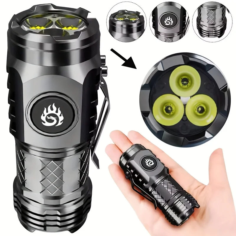 Portable High Brightness 3 LED Flashlight Type-c Charging Power Display Multifunctional Mini Outdoor Light Use Fishing Camping