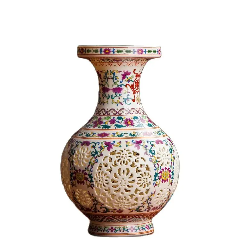 

Ceramic hollow antique vase wine cabinet living room home crafts decorations Chinese antique and curio shelves decoration