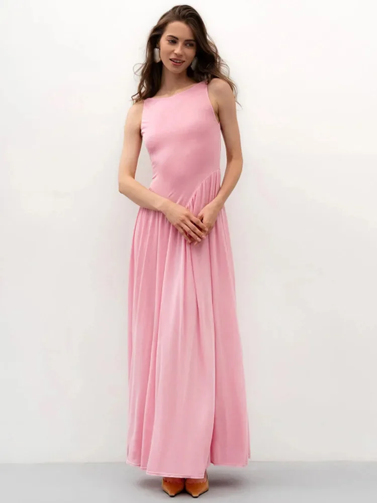 

Sleeveless Backless Sexy Maxi Dress Women Gown Elegant Pink Solid High Waist Pleated Club Party Long Dresses Female 2025 New