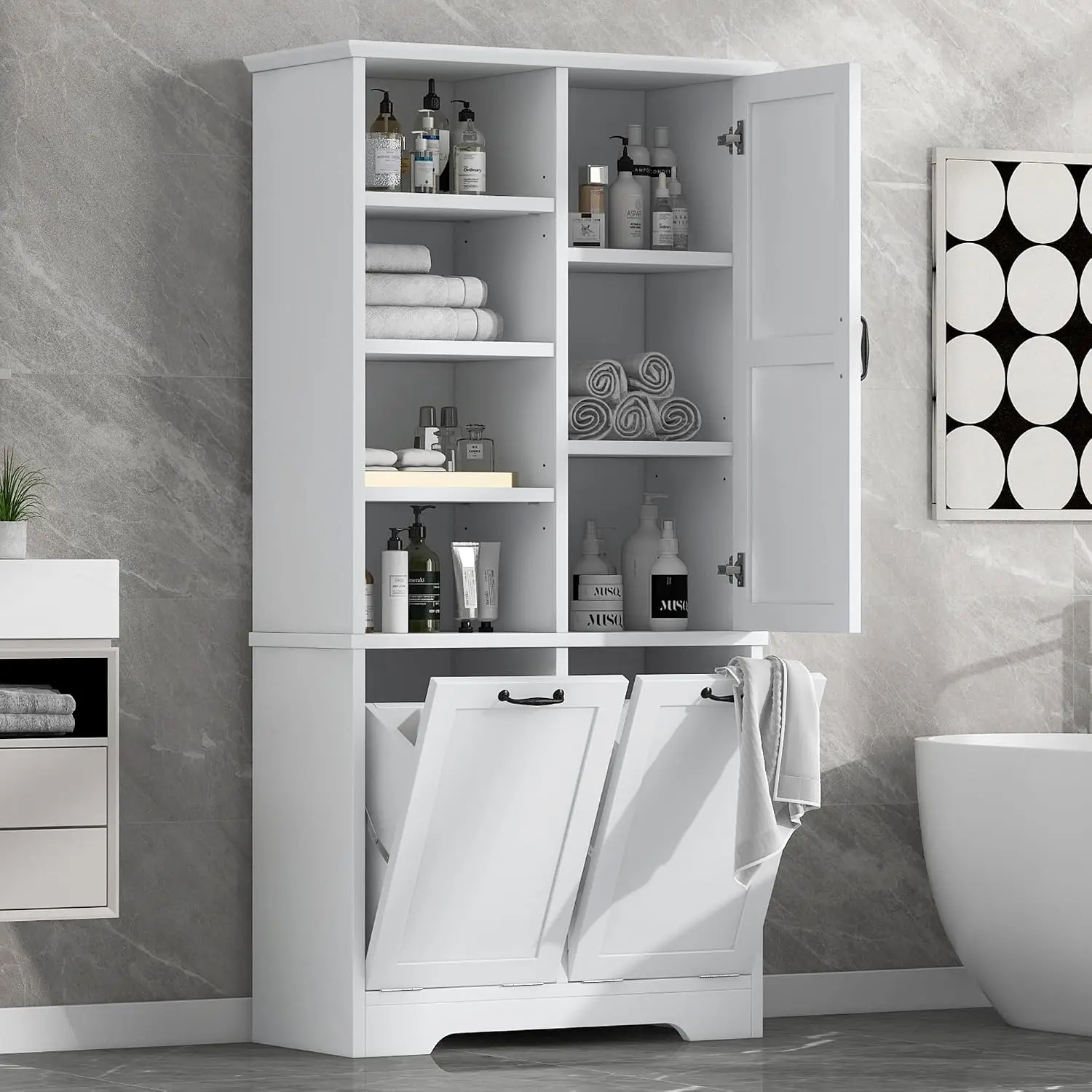 Tall Bathroom Laundry Cabinet with 2 Tilt Out Hamper, Wood Storage with Doors & Adjustable Shelves, Freestanding, Customized