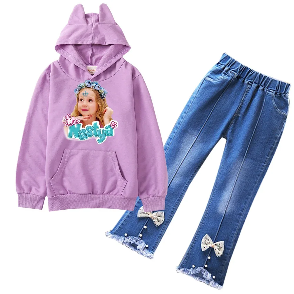 

New Like Nastya Show Clothes Kids Hooded Sweatshirts Jeans 2pcs Sets Toddler Girls Fall Autumn Outfits Children Cartoon Clothing