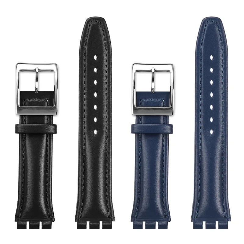 For Swatch YIS YAS YGS IRONY Men Women Cowhide Leather Watch Strap Concave Convex Mouth 17mm 19mm Calfskin Bracelet Blue Brown