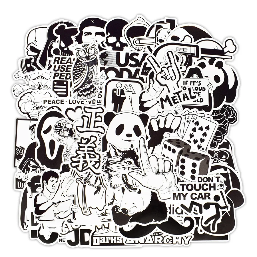 50 PCS Black and White Graffiti Anime Stickers for Car Styling Motor Skateboard Luggage Laptop Sticker Bomb JDM Decals Kids Gift