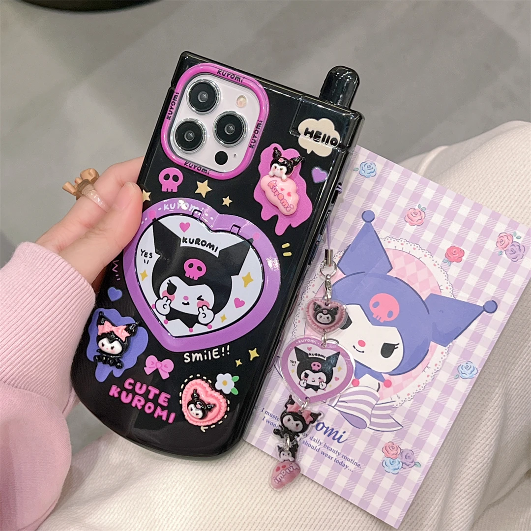 Cartoon Telephone Hello Kitty Kuromi with Mirror Pendant Phone Case for IPhone 15 14 13 12 11 Pro Max Anti-fall Back Cover Girl