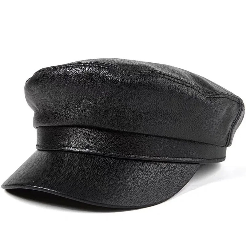 Spring/Winter Real Sheepskin Leather Rider Style Genuine Leather Fashion Army Cap Box Hat Cadet Visor Women Men's Baseball Hats