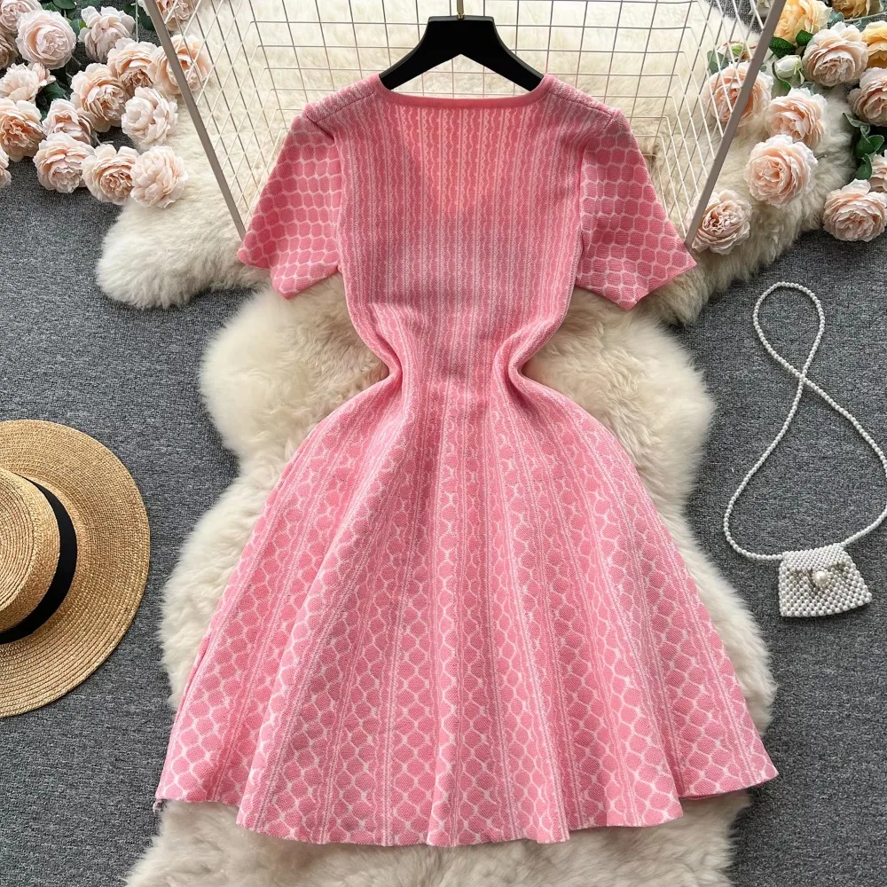 French Vintage Folds V-neck Patchwork Short Sleeves Dress Casual Women A-LINE Fashion Spring/Summer Dress