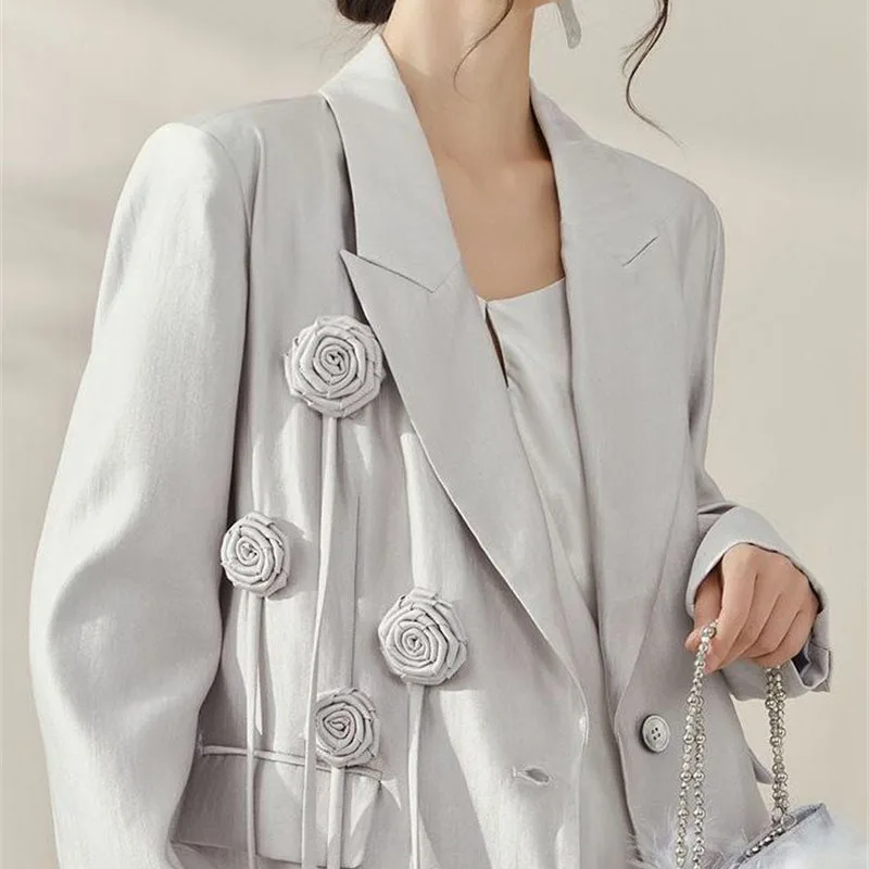 2026 New Spring Autumn Women‘s Suit Coat Blazer Heavy Industry Three-Dimensional Flower Design Suit Jacket Casual Outerwear