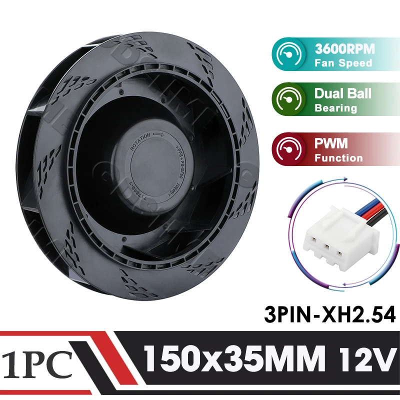 Gdstime 150MM Wentylator DC 12V 150MM * 35MM Odśrodkowy wentylator turbo chłodnicy 15035 Duży wentylator okrągły 15CM Podwójna kula 3PIN PWM Dmuchawa do rur