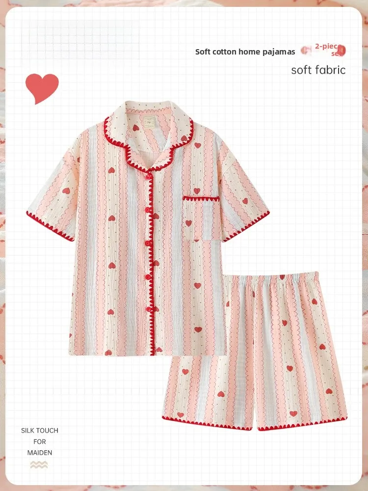 

Pure Cotton Spwear Women's Summer New Arrival Thin ort Sve Home Clothes Set Baby Cotton Yarn Heart Stripe ort Pants