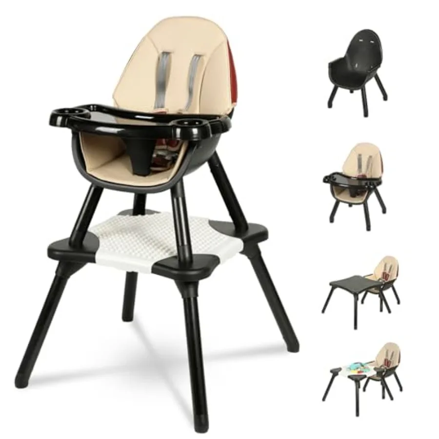 

Baby high chair for feeding, PU cushion, gray, 6-in-1 convertible with 5-point harness and 4-position removable tray