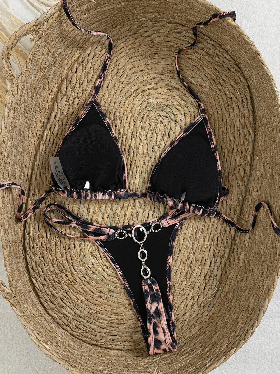 

Экстремально миниатюрный микро-бикини G-стринг с леопардовым принтом и стразами, женский купальник, комплект из двух частей, пляжный костюм для плавания