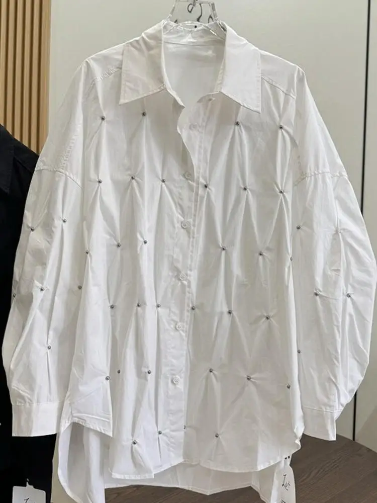 

Slimming Effect 2026 New Fashionable Loose Women's Shirt Pearl Embellished Stand Collar Casual Style Cotton Long Sleeve Top