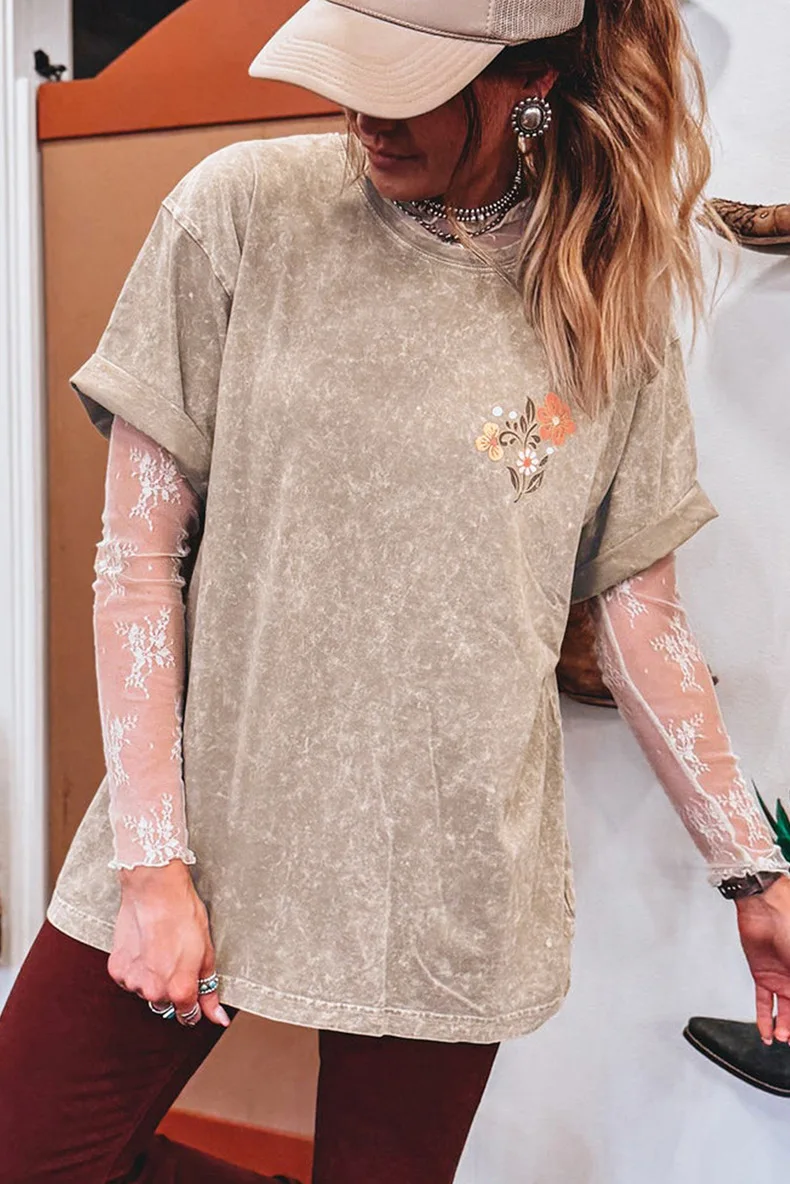 T-shirt à manches courtes détresse lavé pour femmes en été 2025, nouveau haut à manches courtes imprimé personnalisé en coton pour femmes