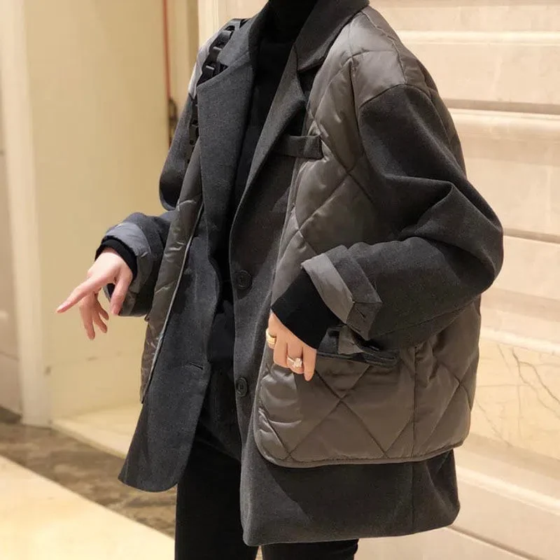 2022Autumn Winter New Black Fake Two-Piece Suit Collar Down Jacket Female Korean Style Jacket  Women Coat European Station Trend