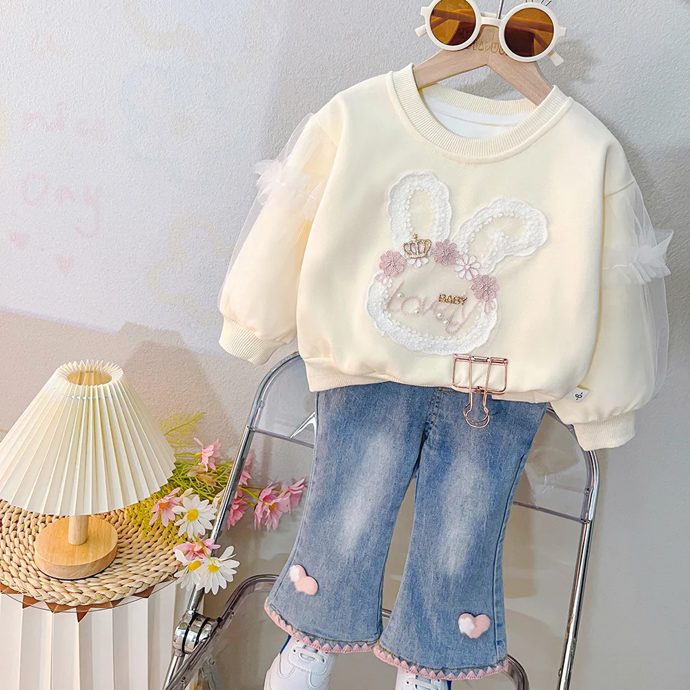 

Korean 2pcs Sets For Kids Girl Autumn Winter Clothing Long Sleeve Sweatshirt Jeans 2pcs Suits Cute Sweet Toddler Children Outfit