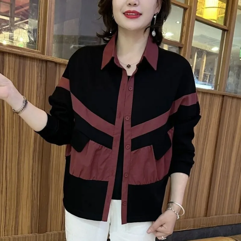 2025 Spring and Autumn New Loose Slim Contrasting Women's Thin Jacket Top Polo Collar Splicing Fashionable Age-reducing Jacket
