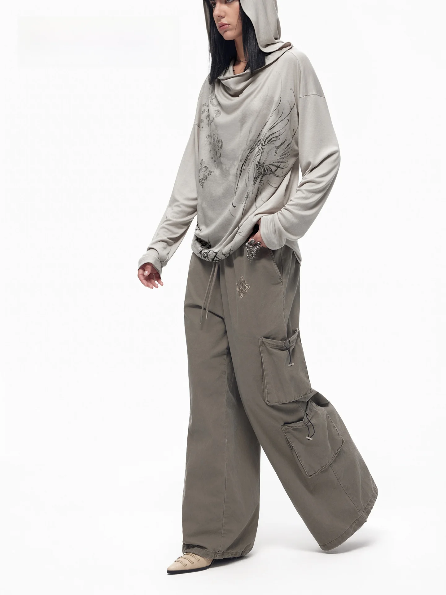 American Retro Women's Loose Wide Leg Work Pants Multi-Pocket Design Drawstring Casual Cotton Trousers Autumn Fashion