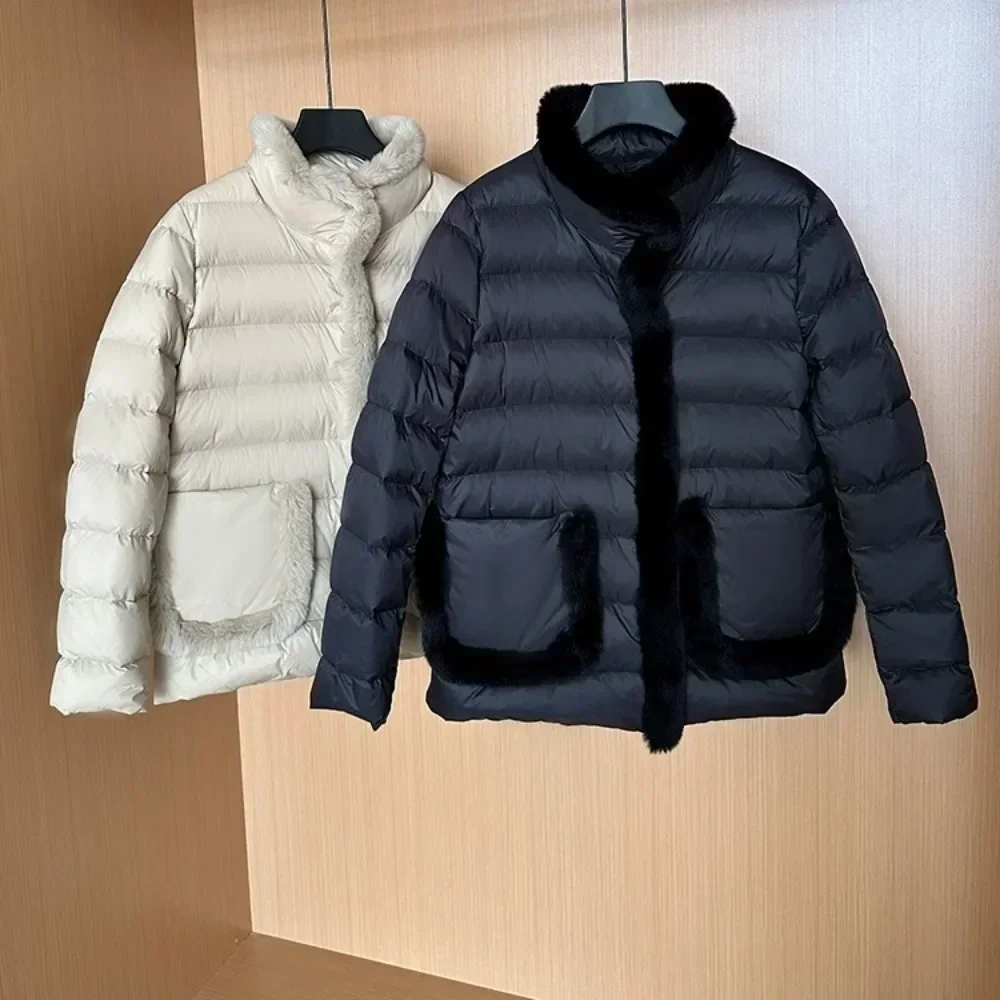 Down Jacket Women 2024 Winter Real Rabbit Fur Jacket Luxury New Puffer Coat Female Pocket Lightweight White Duck Down Jacket