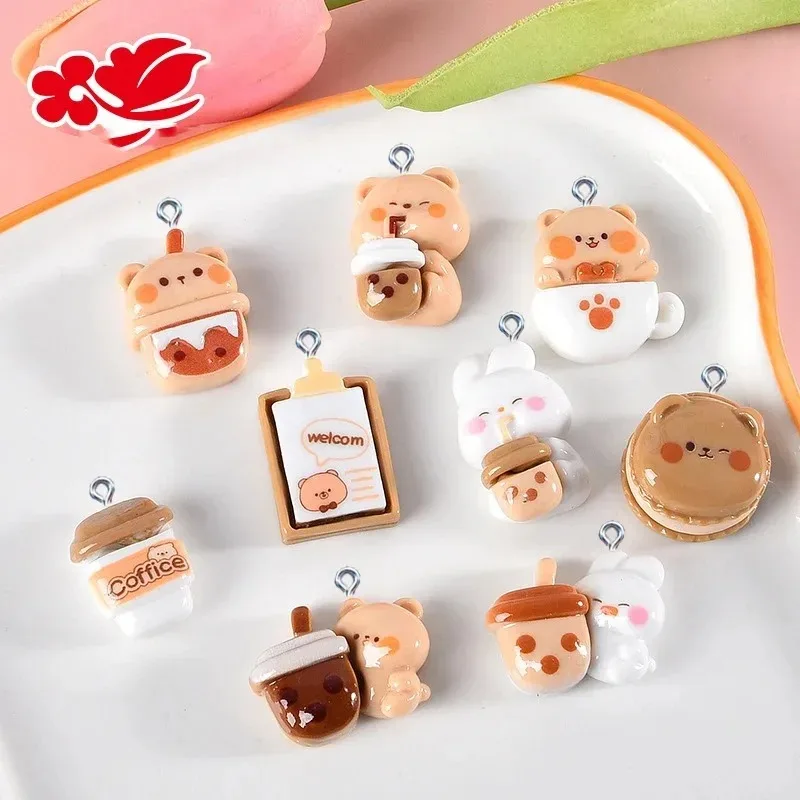 10Pcs Adorable Bear‑Shaped Coffee Milk Tea Cup Resin Charms Drink Pendants Craft Findings For DIY Jewelry Making
