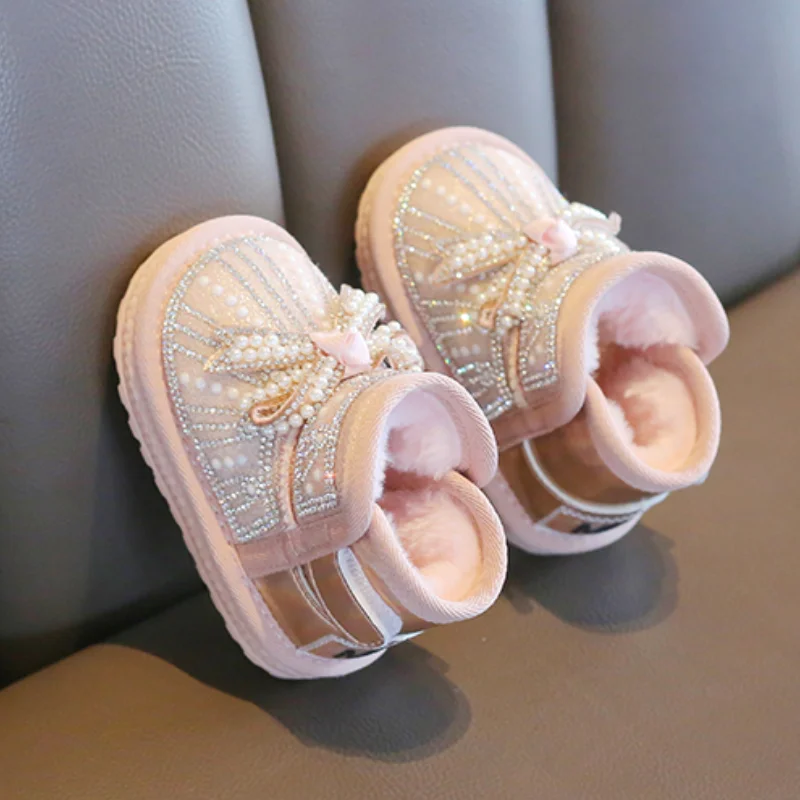 Winter Baby Shoes Pearl rhinestones Infant Toddler Boots Soft Comfortable Rubber Non-Slip Warm Plush Baby Snow Boots