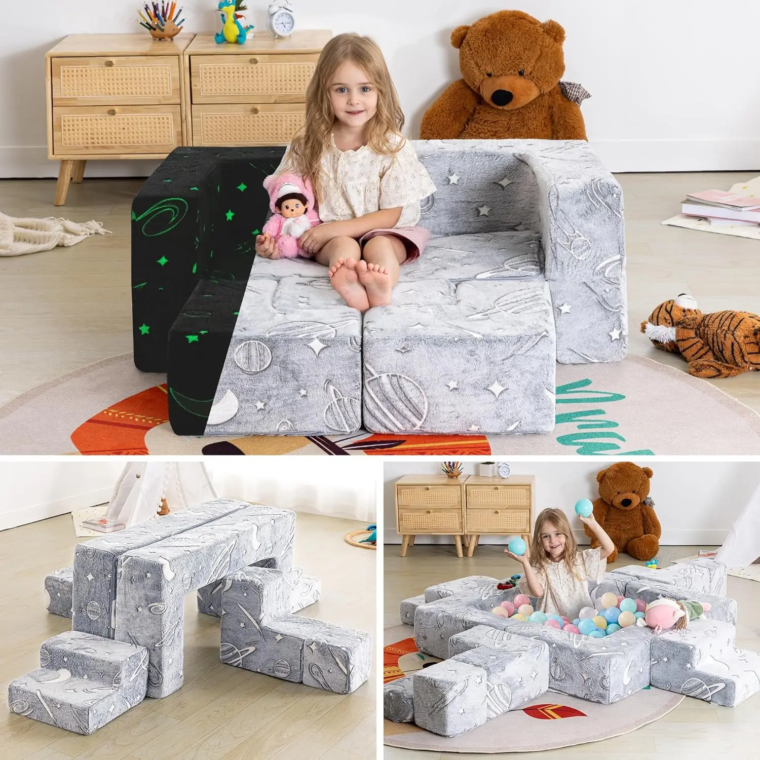 Modular Kids Play Couch,Convertible Foam and Floor Cushion for Boys and Girls,Glow in The Dark,Bedroom and Playroom Furniture fo